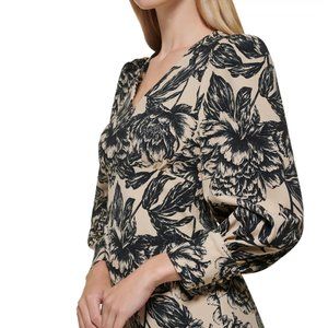 Calvin Klein A-line dress: black print on wheat-beige background NWT Sz8